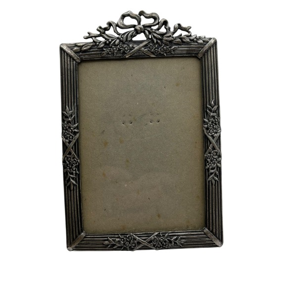 Vintage Silver Tone Picture Frame Ribbon Rose Floral Accent Rectangle Decor - Picture 1 of 6